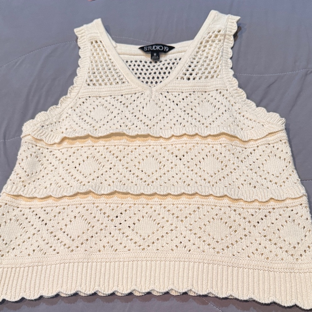 Studio 19 Cream Crochet Tank Top with Diamond Openwork